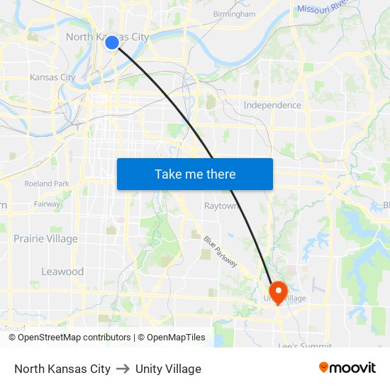 North Kansas City to Unity Village map