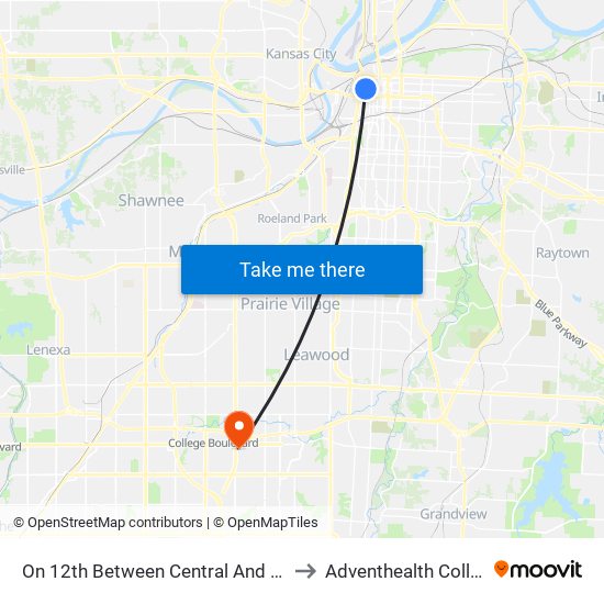 On 12th Between Central And Wyandotte Eastbound to Adventhealth College Boulevard map