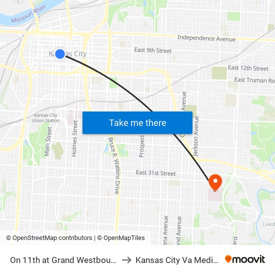 On 11th at Grand Westbound Nearside to Kansas City Va Medical Center map