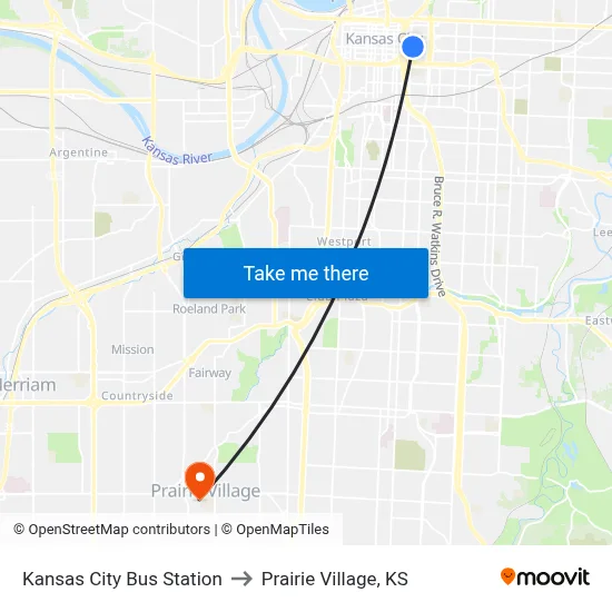 Kansas City Bus Station to Prairie Village, KS map