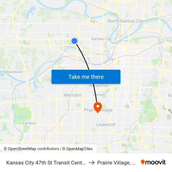 Kansas City 47th St Transit Center to Prairie Village, KS map
