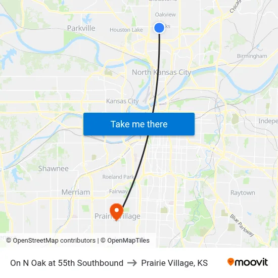 On N Oak at 55th Southbound to Prairie Village, KS map
