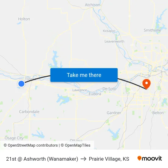 21st @ Ashworth (Wanamaker) to Prairie Village, KS map