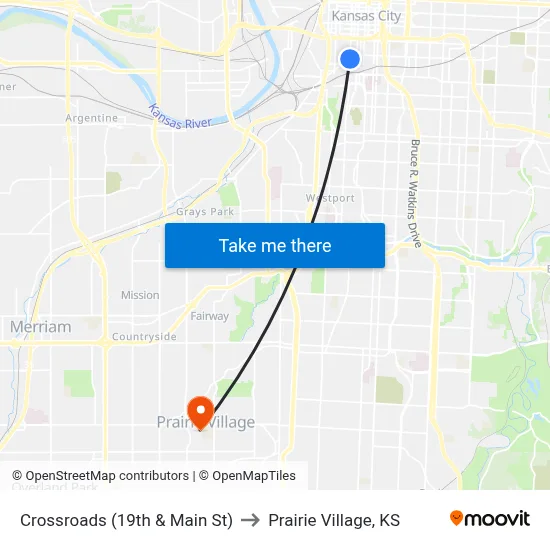 Crossroads (19th & Main St) to Prairie Village, KS map