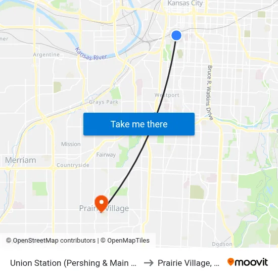 Union Station (Pershing & Main St) to Prairie Village, KS map