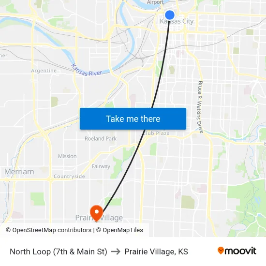 North Loop (7th & Main St) to Prairie Village, KS map