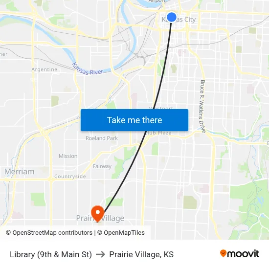 Library (9th & Main St) to Prairie Village, KS map