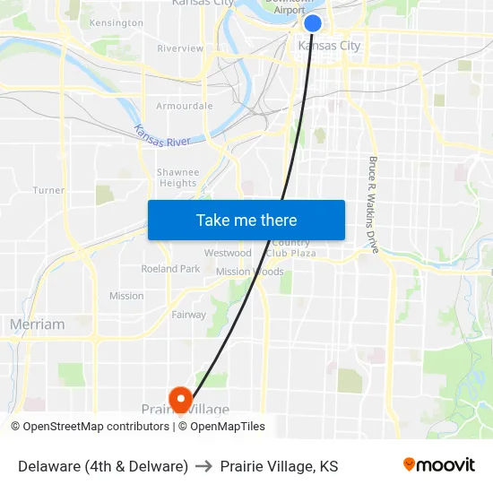Delaware  (4th & Delware) to Prairie Village, KS map