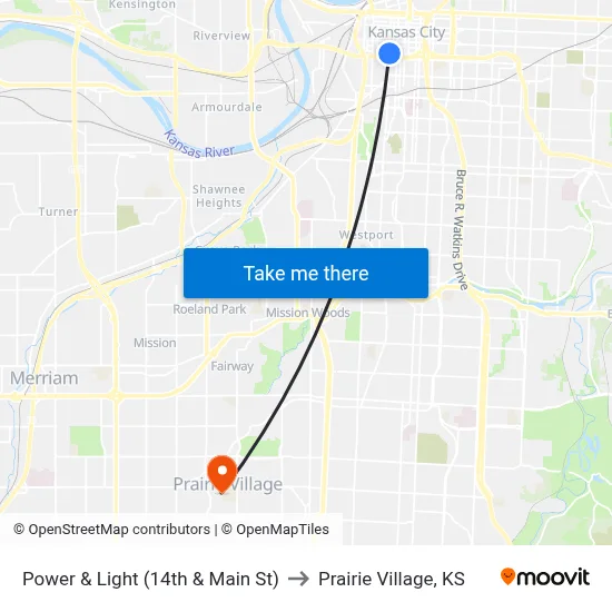 Power & Light (14th & Main St) to Prairie Village, KS map