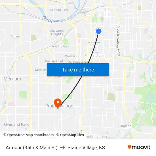 Armour (35th & Main St) to Prairie Village, KS map