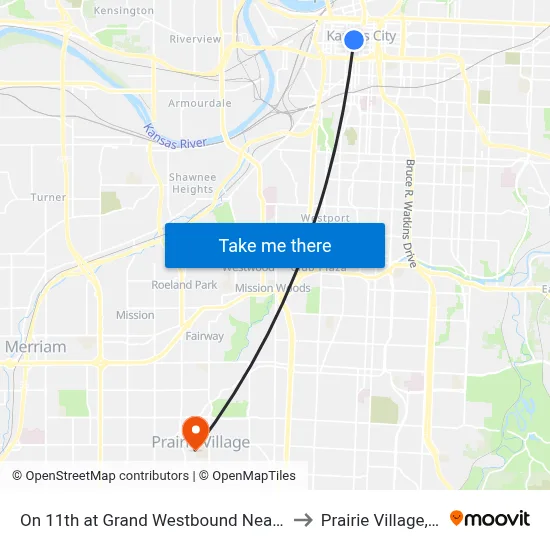 On 11th at Grand Westbound Nearside to Prairie Village, KS map