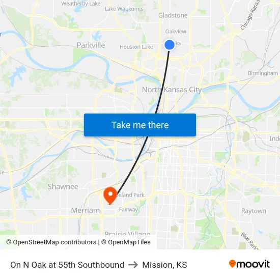 On N Oak at 55th Southbound to Mission, KS map