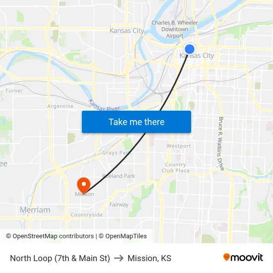 North Loop (7th & Main St) to Mission, KS map