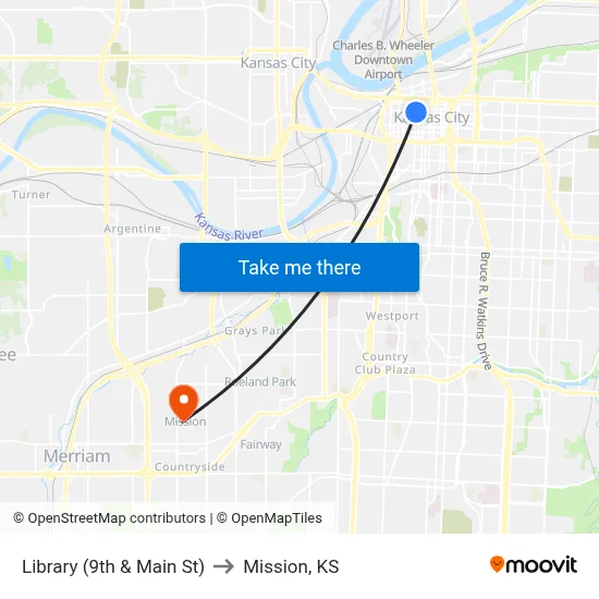 Library (9th & Main St) to Mission, KS map
