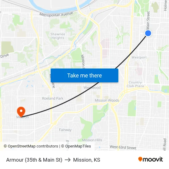 Armour (35th & Main St) to Mission, KS map