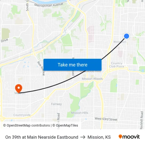 On 39th at Main Nearside Eastbound to Mission, KS map