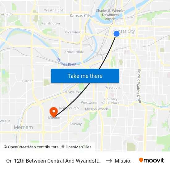 On 12th Between Central And Wyandotte Eastbound to Mission, KS map