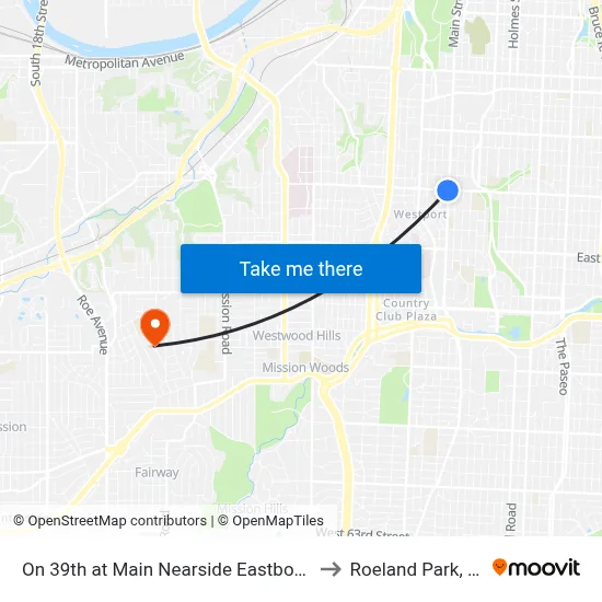 On 39th at Main Nearside Eastbound to Roeland Park, KS map