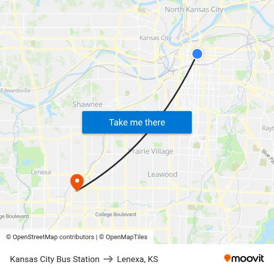 Kansas City Bus Station to Lenexa, KS map