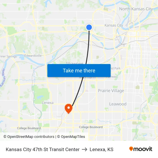 Kansas City 47th St Transit Center to Lenexa, KS map