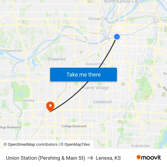 Union Station (Pershing & Main St) to Lenexa, KS map