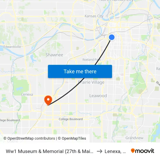 Ww1 Museum & Memorial (27th & Main) to Lenexa, KS map