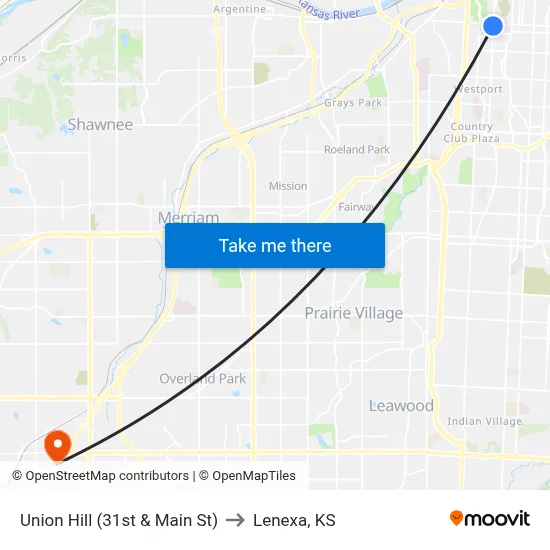 Union Hill (31st & Main St) to Lenexa, KS map