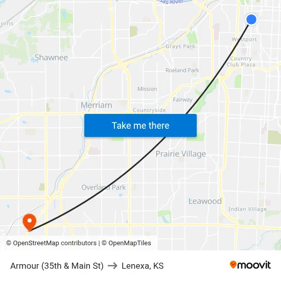 Armour (35th & Main St) to Lenexa, KS map