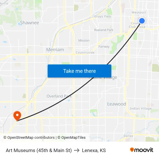 Art Museums (45th & Main St) to Lenexa, KS map
