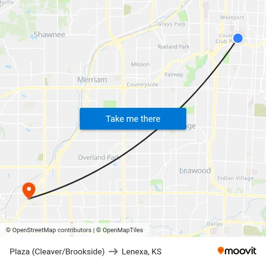 Plaza (Cleaver/Brookside) to Lenexa, KS map