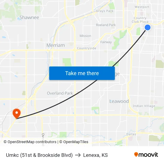 Umkc (51st & Brookside Blvd) to Lenexa, KS map