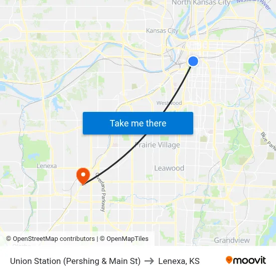 Union Station (Pershing & Main St) to Lenexa, KS map