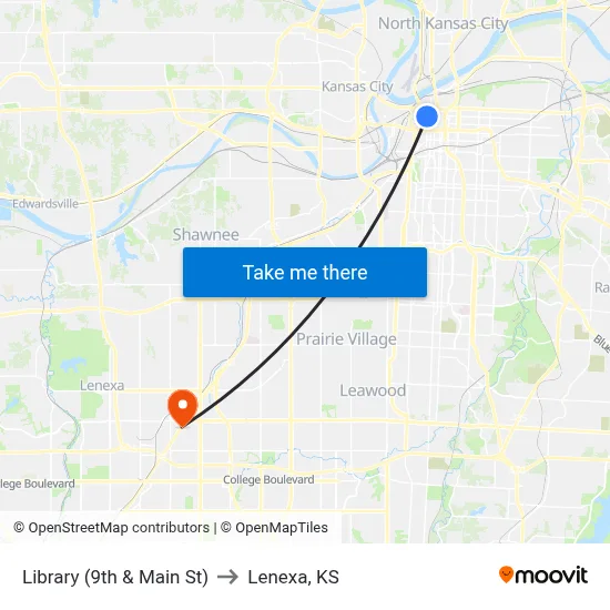 Library (9th & Main St) to Lenexa, KS map