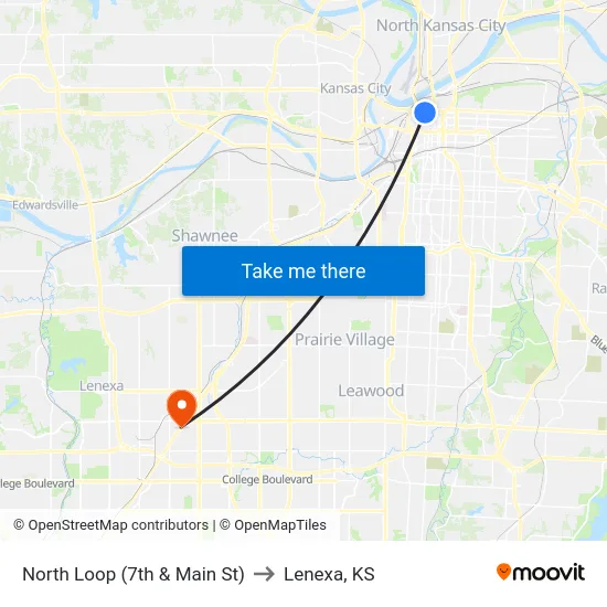 North Loop (7th & Main St) to Lenexa, KS map