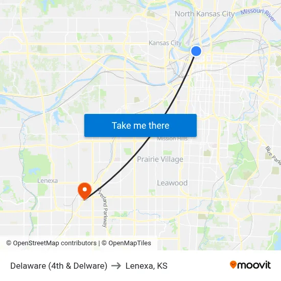 Delaware  (4th & Delware) to Lenexa, KS map