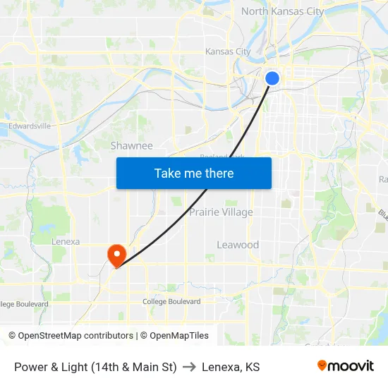 Power & Light (14th & Main St) to Lenexa, KS map