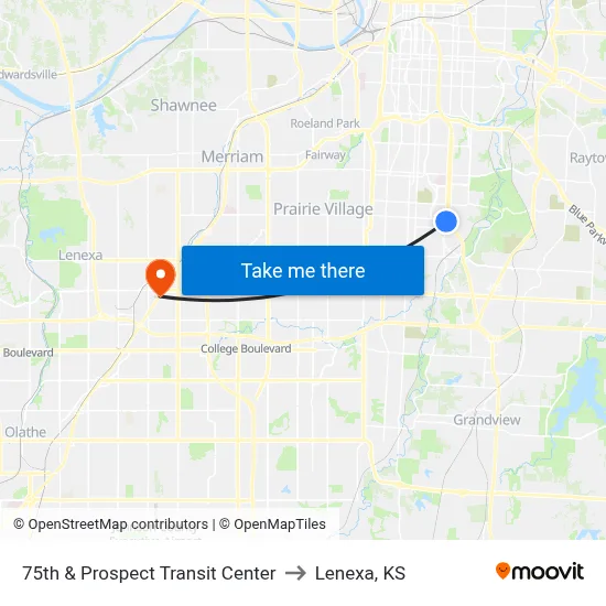 75th & Prospect Transit Center to Lenexa, KS map