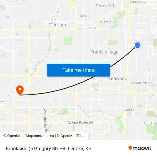 Brookside @ Gregory Sb to Lenexa, KS map