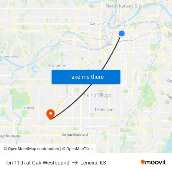 On 11th at Oak Westbound to Lenexa, KS map