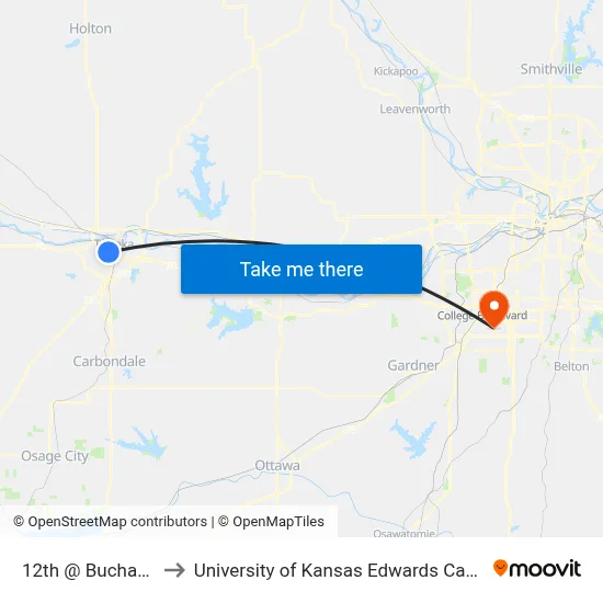 12th @ Buchanan to University of Kansas Edwards Campus map