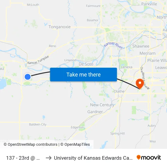 137 - 23rd @ Hinu to University of Kansas Edwards Campus map