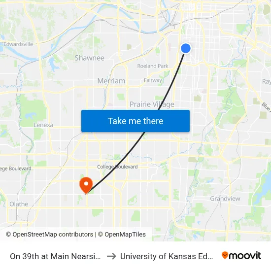 On 39th at Main Nearside Eastbound to University of Kansas Edwards Campus map