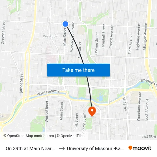 On 39th at Main Nearside Eastbound to University of Missouri-Kansas City (UMKC) map