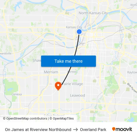 On James at Riverview Northbound to Overland Park map