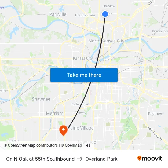 On N Oak at 55th Southbound to Overland Park map