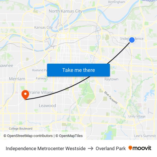 Independence Metrocenter Westside to Overland Park map