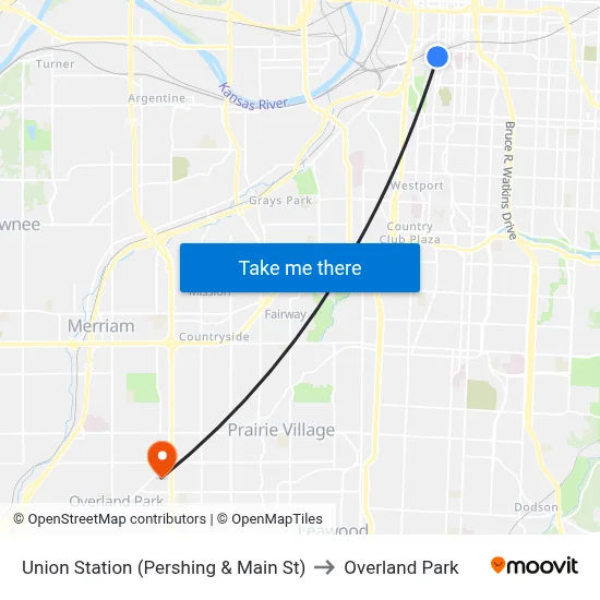 Union Station (Pershing & Main St) to Overland Park map