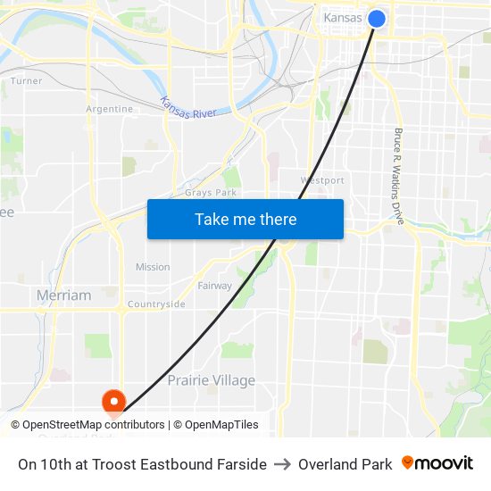 On 10th at Troost Eastbound Farside to Overland Park map