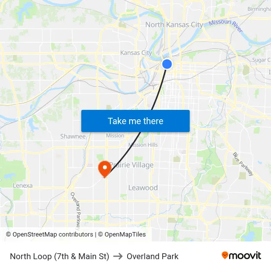 North Loop (7th & Main St) to Overland Park map