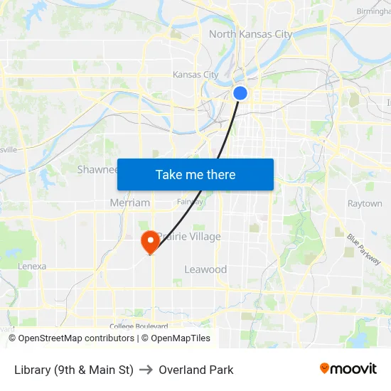 Library (9th & Main St) to Overland Park map